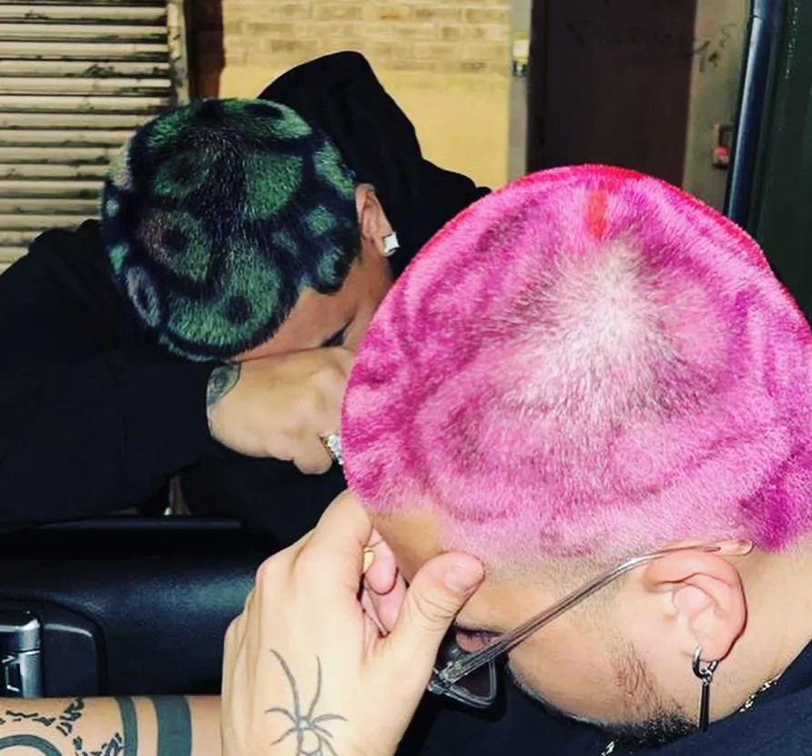 Pink hair with dark swirl pattern